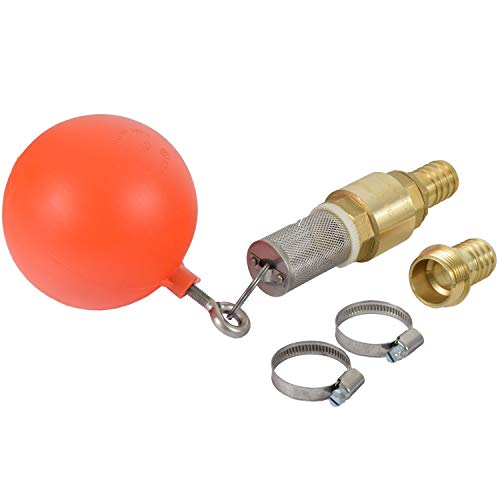 Agora-Tec® Ansaug-Set 1 Zoll bestehend aus (Schwimmerkugel, Saugkorb, Ringschraube und Schlüsselring aus Edelstahl + Messing Rückschlagventil + 2 Stück Schlauchschelle Edelstahl W4 für Schlauch- Ø von 25 - 40mm für 1 Zoll Schlauch + 2 Stück Messing Schlauchtüllen 1 Zoll (33,3 mm) Außengewinde)