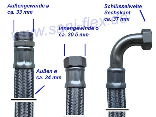 Panzerschlauch Flexschlauch DN25 Trinkwasser 1’ÜM x 1’AG Hauswasserwerk – Betriebsdruck 10bar – aus für Wärmepumpen und Solar!, Schlauchlänge:100cm - 2