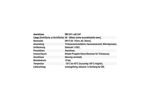 Panzerschlauch, Flexschlauch, DN19, TRINKWASSER, 3/4′ ÜM x 3/4′ AG, Hauswasserwerk!, Schlauchlänge:50cm - 2
