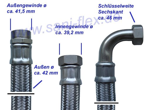 Panzerschlauch 1 1/4’ÜM x 1 1/4’AG Flexschlauch DN32 TRINKWASSER 10bar 110°C Hauswasserwerk mit Edelstahl Umflechtung – auch für Solar geeignet!, Schlauchlänge:30cm - 2