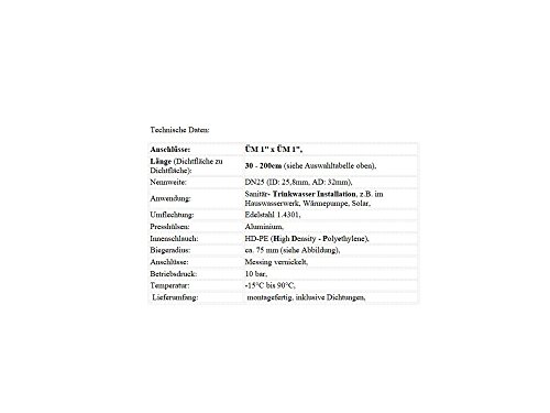 Sani-HiFlex Panzerschlauch, DN25, TRINKWASSER, beidseitig 1′ ÜM, Flexschlauch Hauswasserwerk, mit Edelstahl Umflechtung | extreme Knickfestigkeit, Schlauchlänge:50cm - 6