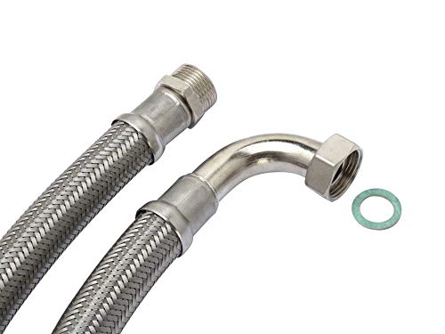 Sani-HiFlex Panzerschlauch, DN25, TRINKWASSER, 1'AG x 1'ÜM mit Bogen, Flexschlauch Hauswasserwerk, mit Edelstahl Umflechtung | äußerst flexibel, Schlauchlänge:70cm