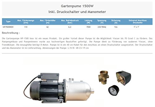 Wasserpumpe 1500W 110l/min Druckschalter Manometer Inox Jetpumpe Gartenpumpe Hauswasserwerk Kreiselpumpe - 3