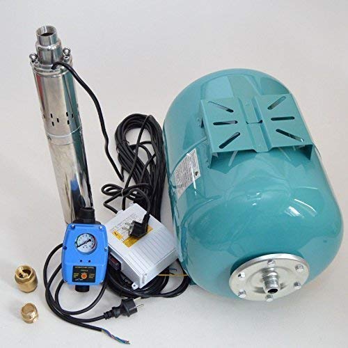 Hauswasserwerk 50L + Tiefbrunnenpumpe aus Edelstahl mit gekapselten Motor 3" SQIBO Fördermenge (Qmax.) 2500 l/h Pumpensteuerung + Trockenlaufschutz + Rückschlagventil.
