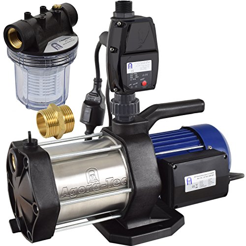 Agora-Tec® AT-Hauswasserwerk-5-1300-5DW-1L, 5 stufige Kreiselpumpe mit max: 5,6 bar und max: 5400l/h, inkl. Druckschalter mit Trockenlaufschutz und Vorfilter
