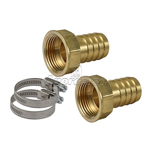 Agora-Tec® Schlauchanschluss SET für 1 Zoll (25,4mm) Schlauch mit 2 Messing Schlauchtüllen 1 Zoll IG (30,3mm), 2 Edelstahlschlauchschellen und 2 Meter Loctite Gewindefaden