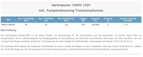 Wasserpumpe 1300W 80l/min inkl. Filter Trockelaufschutz Jetpumpe Gartenpumpe Hauswasserwerk Kreiselpumpe - 3