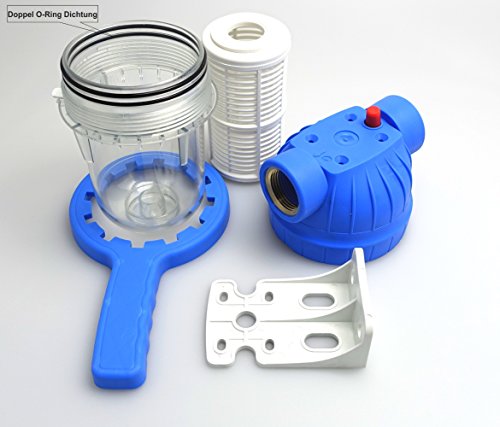 5Zoll Vorfilter für Garten Pumpen und Hauswasserwerke, Schmutzfilter Sandfilter. Pumpenvorfilter mit Filtereinsatz, Messing-Innengewinde 1Zoll (ca.30,9mm). NEUHEIT: Doppel O-Ring Dichtung.