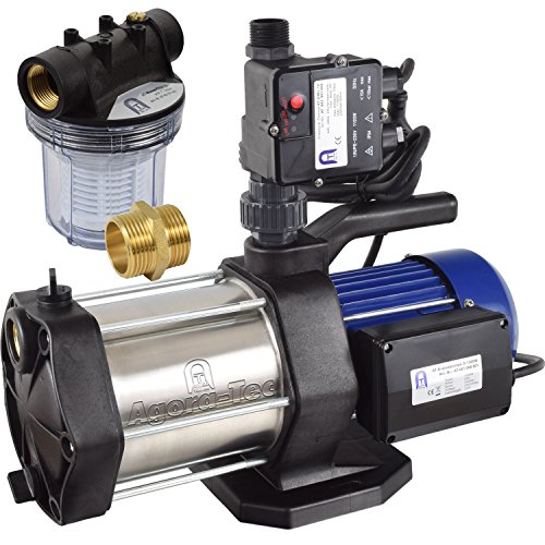 Agora-Tec® AT-Hauswasserwerk-5-1300-10DW-1L, 5 stufige Kreiselpumpe mit max: 5,6 bar und max: 5400l/h, inkl. Druckschalter mit Trockenlaufschutz und Vorfilter