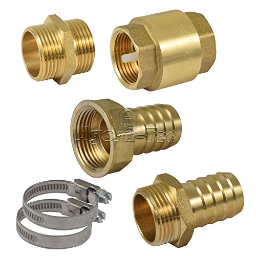 Agora-Tec® Schlauchanschluss SET für 1 Zoll (25,4mm) Schlauch mit Rückschlagventil 2 x IG(30,3mm), 2 Messing Schlauchtüllen 1 Zoll AG (33,3mm) und 1 Zoll IG (30,3mm), Doppelnippel (2 x AG 1 Zoll), 2 Edelstahlschlauchschellen und 2 Meter Loctite Gewindefaden
