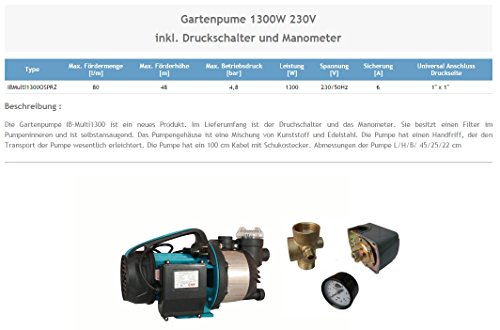Wasserpumpe 1300W 80l/min inkl. Filter Druckschalter Manometer Jetpumpe Gartenpumpe Hauswasserwerk Kreiselpumpe - 3