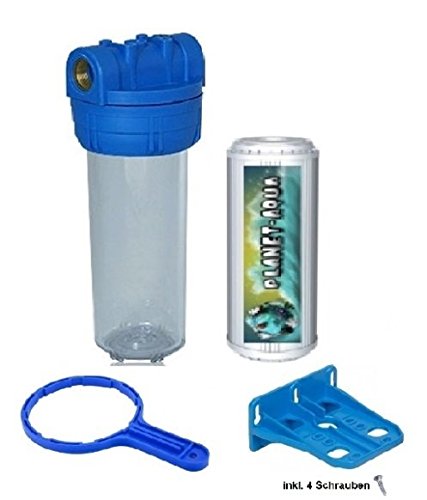 Filtergehäuse SET 10 Zoll mit 3/4" Wasseranschluß / Gewinde + EISENFILTER , GEHÄUSE - SCHLÜSSEL und WANDHALTER als Wasser Vorfilter für Wasserfilter , Umkehrosmose Filter Anlage Hauswasserwerk Brunnenwasser Filter Garten Pool