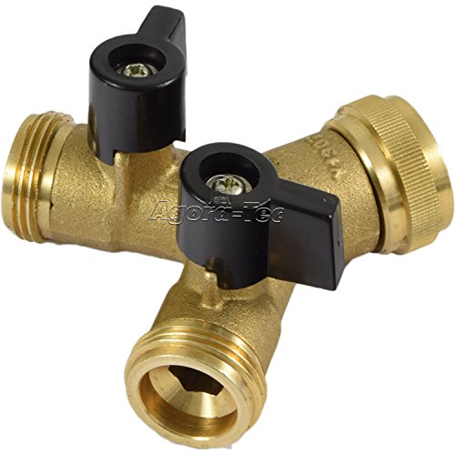Agora-Tec Messing Y-Verteiler mit 2 Kugelhähnen mit 2 Abgängen mit 3/4 Zoll (26,4mm) Außengewinde und 1 Eingang mit Schnellverschraubung 3/4 Zoll (24,2mm) Innengewinde