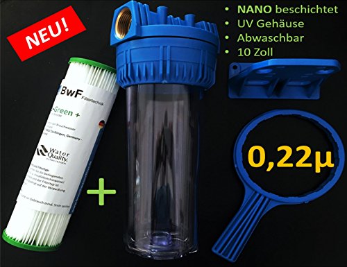 BWF ORIGINAL NANO - SET 10 Zoll mit 1" Anschluß Filtergehäuse + 1x IHRE WAHL der FEINHEIT Mikron Membrankartusche (NANO beschichtet) hervorragend auswaschbar! Mehrwegkartusche, GEHÄUSE - als Schmutz Wasser Vorfilter für Wasserfilter , Umkehrosmose Anlage Hauswasserwerk Brunnenwasser Garten Pool (0,22µ)