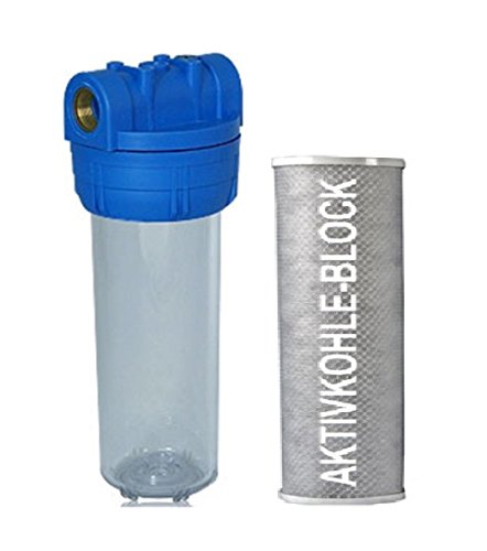 Filtergehäuse SET 10 Zoll mit 3/4" Wasseranschluß + AKTIVKOHLE Block FILTER Patrone, GEHÄUSE mit Filterkartuscheals Vorfilter für Wasserfilter , Umkehrosmose Anlage Hauswasserwerk Brunnenwasser Garten Pool Bakterienfilter Geruch