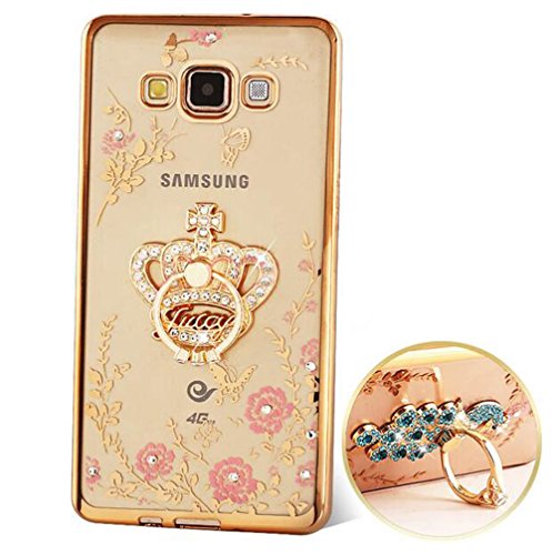 Samsung Galaxy J3(2016)/J310 Hülle Nnopbeclik® Ultra Slim Silikon Transparent Durchsichtig TPU Tier Bling Back Cover Case, Glitzer Schutzhülle Muster Protective Glänzend Kristall Clear Case mit Karikatur Cartoon Diamant Ringständer Stoßdämpfend Transparent Spiegel Schutz Handy Hülle Handytasche Crystal Glitzer Strass Blume Case Tasche Etui Schale Bumper Pour Samsung Galaxy J3(2016)/J310 5.0 Zoll[Krone,Golden]
