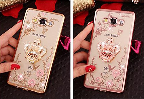 Samsung Galaxy J3(2016)/J310 Hülle Nnopbeclik® Ultra Slim Silikon Transparent Durchsichtig TPU Tier Bling Back Cover Case, Glitzer Schutzhülle Muster Protective Glänzend Kristall Clear Case mit Karikatur Cartoon Diamant Ringständer Stoßdämpfend Transparent Spiegel Schutz Handy Hülle Handytasche Crystal Glitzer Strass Blume Case Tasche Etui Schale Bumper Pour Samsung Galaxy J3(2016)/J310 5.0 Zoll[Krone,Golden] - 5