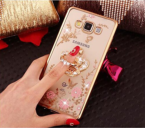 Samsung Galaxy J3(2016)/J310 Hülle Nnopbeclik® Ultra Slim Silikon Transparent Durchsichtig TPU Tier Bling Back Cover Case, Glitzer Schutzhülle Muster Protective Glänzend Kristall Clear Case mit Karikatur Cartoon Diamant Ringständer Stoßdämpfend Transparent Spiegel Schutz Handy Hülle Handytasche Crystal Glitzer Strass Blume Case Tasche Etui Schale Bumper Pour Samsung Galaxy J3(2016)/J310 5.0 Zoll[Krone,Golden] - 6