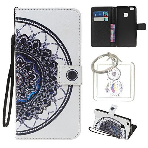 für Huawei P9 Lite Hülle Brieftasche Schutzhülle, Malerei PU Lederhülle Flip Hülle im Bookstyle Cover Schale Stand Ständer Etui Karten Slot Schutzhülle Tasche Wallet Case für Huawei P9 Lite +Schlüsselanhänger (W)