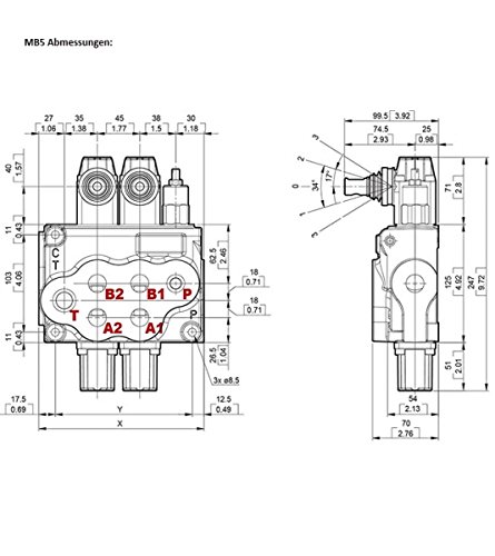 Handsteuerventil, Hydraulikventil, Holzspalterventil, 80 Liter, federzentriert, 2 Sektionen, mit Druckbegrenzungsventil DBV 63 bis 200 bar - 2