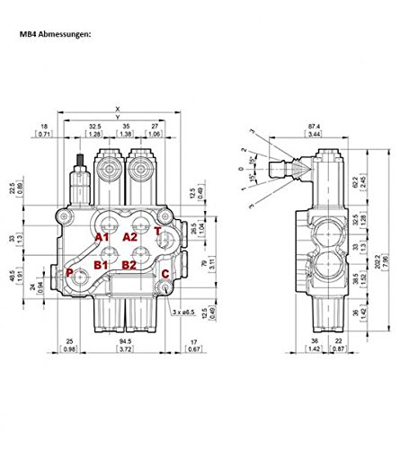 Handsteuerventil, Hydraulikventil, Holzspalterventil, 60 Liter, federzentriert, 4 Sektionen, mit Druckbegrenzungsventil DBV 63 bis 200 bar - 2