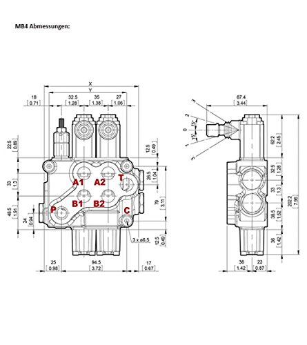 Handsteuerventil, Hydraulikventil, Holzspalterventil, 60 Liter, federzentriert, 1 Sektion, mit Druckbegrenzungsventil DBV 63 bis 200 bar, EILGANG - 2